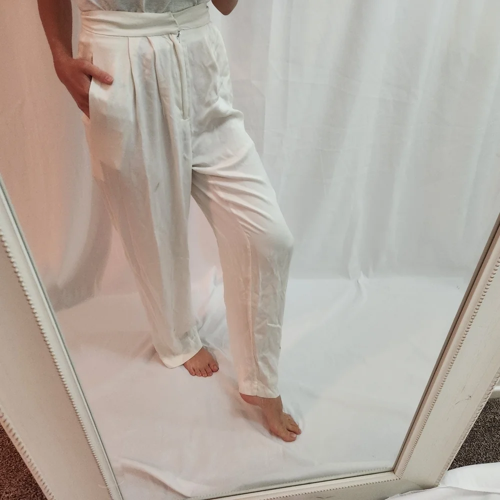 Elegant Silk White High-Waisted Pants Trousers professional satin holiday